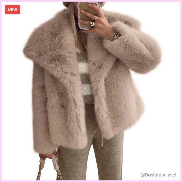 Faux Fur Jacket Elegant Chic Winter Coat Trendy Lapel Button Pockets